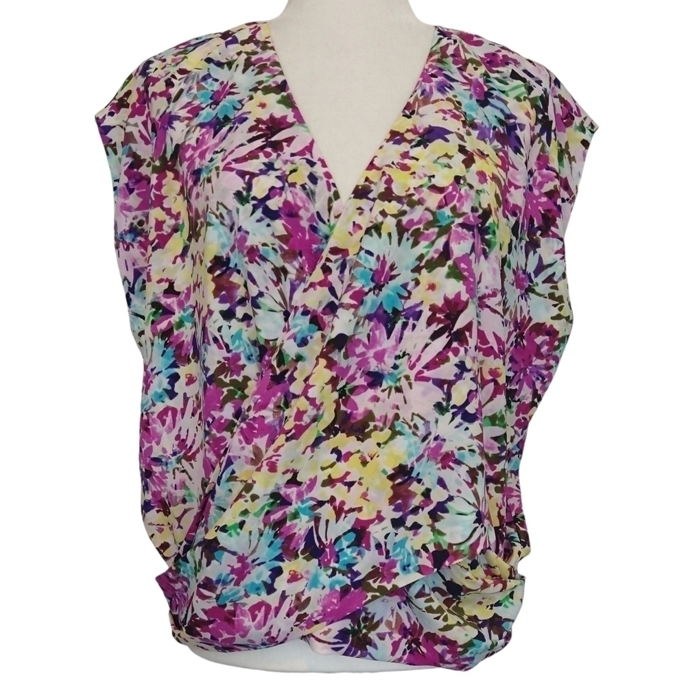 Cabi 5211 Eden Floral Watercolor Cap Sleeve Surplice Neck Draped Blouse Colorful